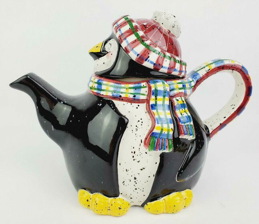 Vintage 2000 Enesco Julie Ueland Holiday Penguin Teapot - Speckled Paint
