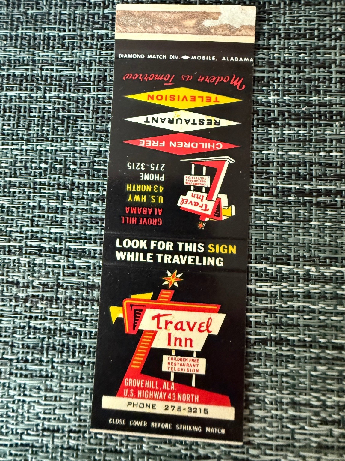Vintage 1966 Travel Inn Grove Hill AL Matchbook Mid-Century Modern Sign