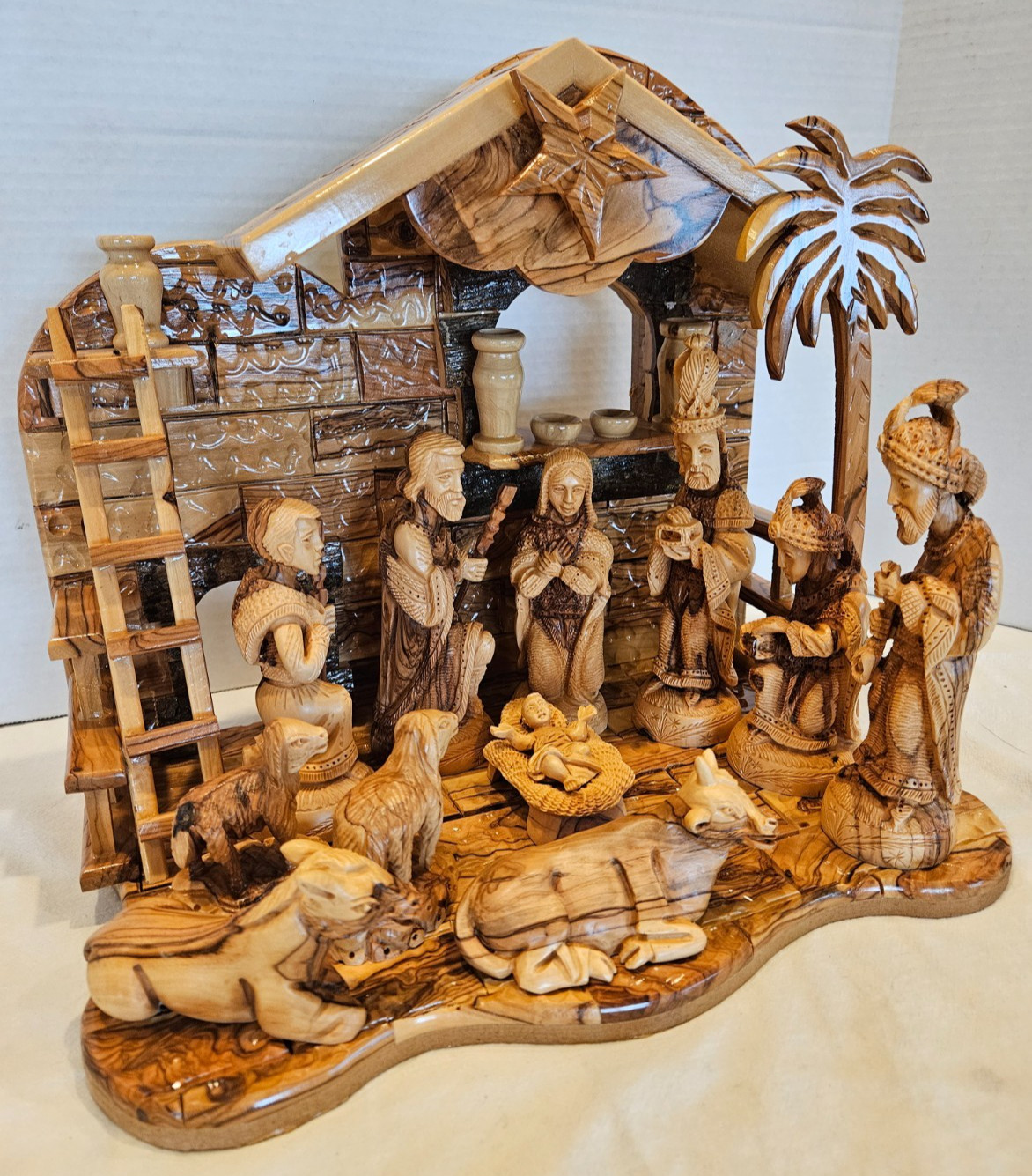 Exquisite Extra Large Hand Carved Olive Wood Nativity Set with Musical Manger