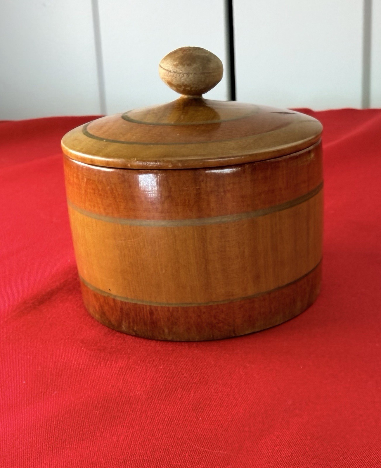 Vtg 1930s Art Deco Turned Wood Powder Jar Trinket Box Inlaid Brass Bands 3.23”