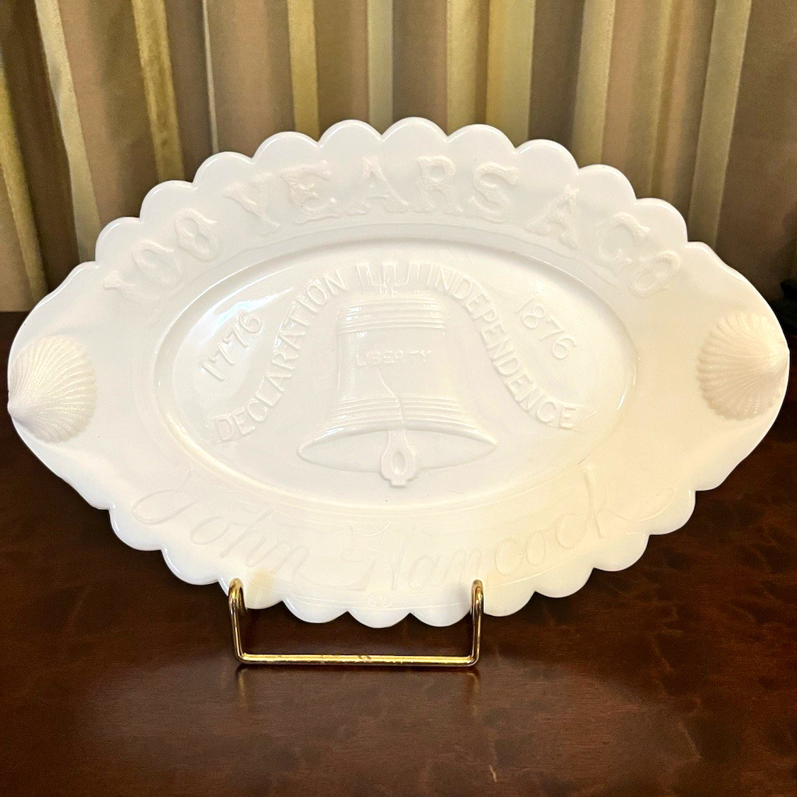 Antique 1876 Centennial John Hancock Liberty Bell Milk Glass Platter 11”