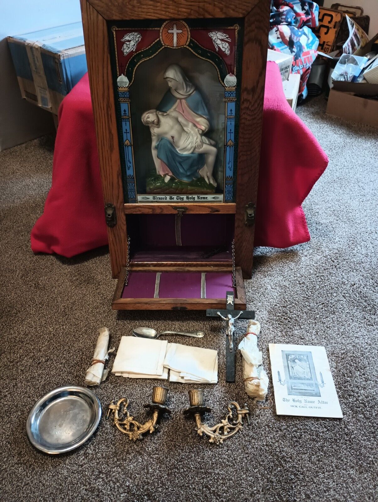 Antique Catholic Sick Call Last Rites Altar Box With Accessories Over 100 Years 