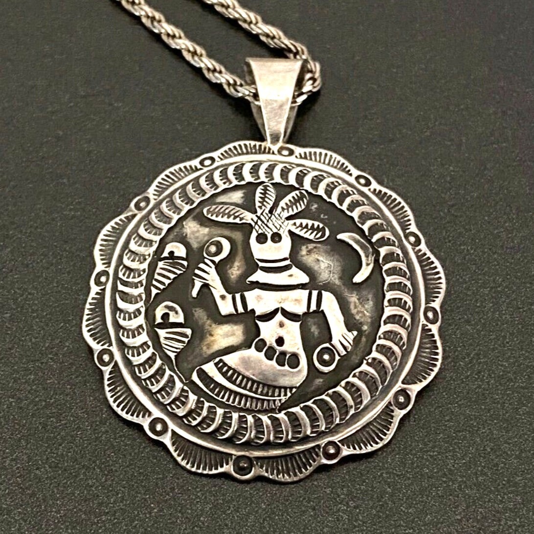Vintage Navajo Native Kachina Stampwork Silver Pendant Necklace 24\