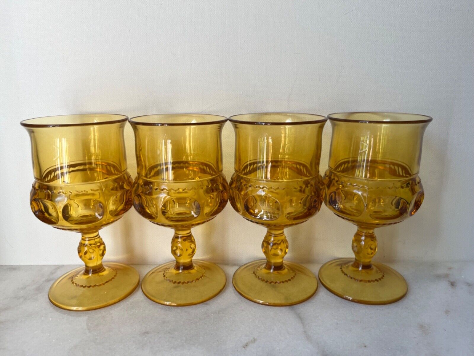 8 Vintage Mid-Century Collectible Amber / Gold King's Crown Pattern Glass Goblet
