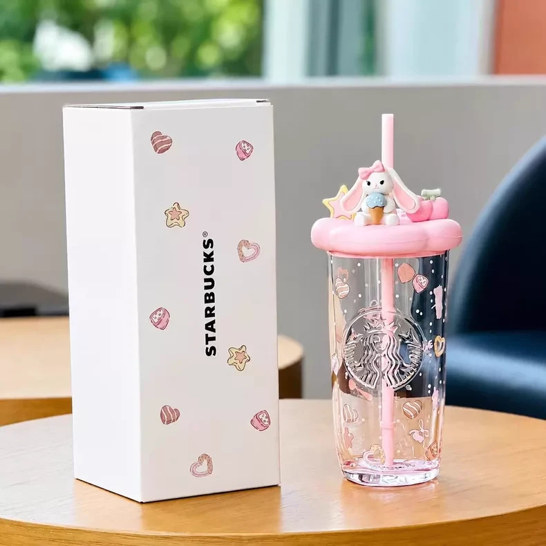 Starbucks Summer Dessert Party Pink Heart-shaped Bottom Drinking Straw Cup
