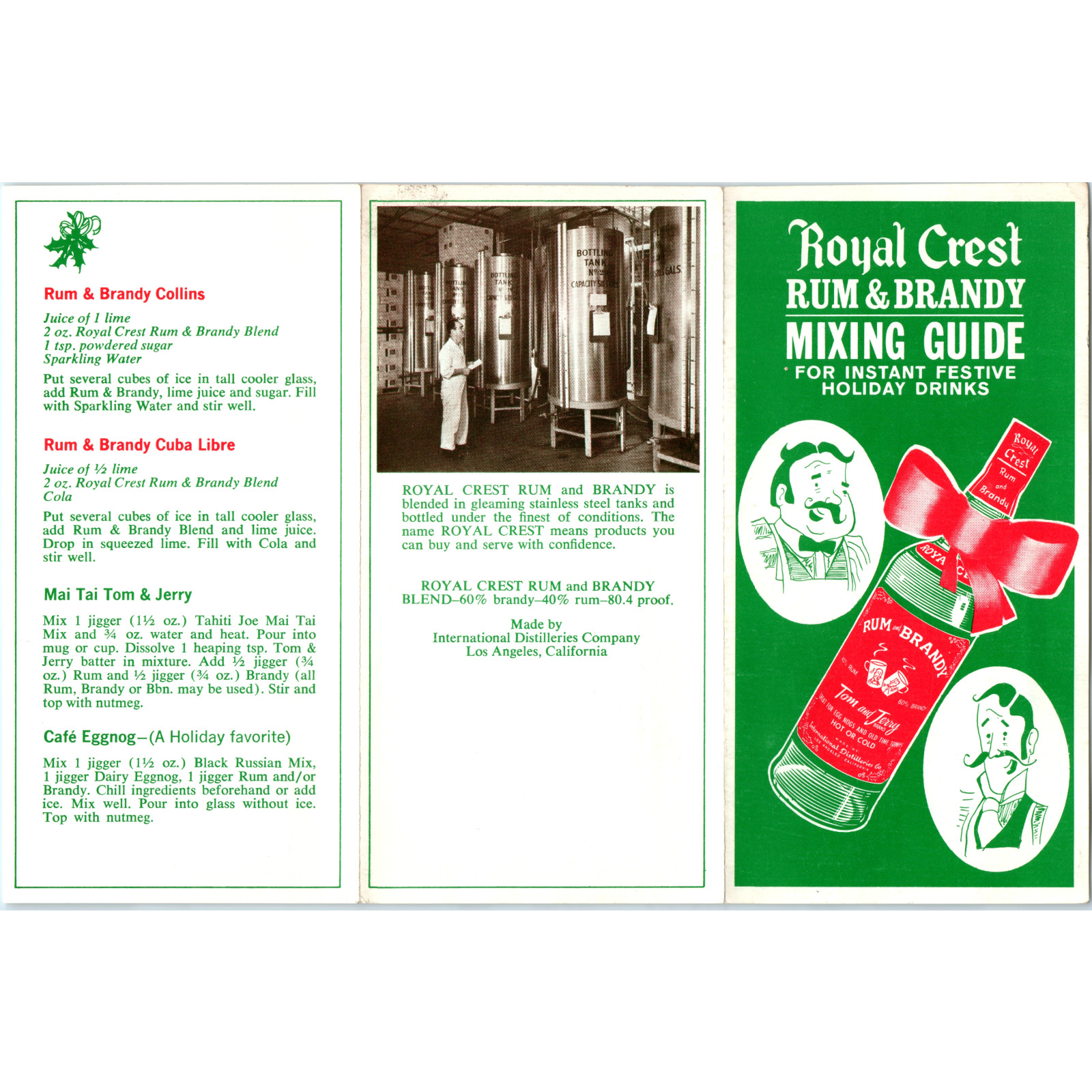 c1960s Royal Crest Rum & Brandy Mixing Guide Holiday Cocktail Recipe Los Angeles c1960s Royal Crest Rum & Brandy Mixing Guide Holiday Cocktail Recipe Los Angeles