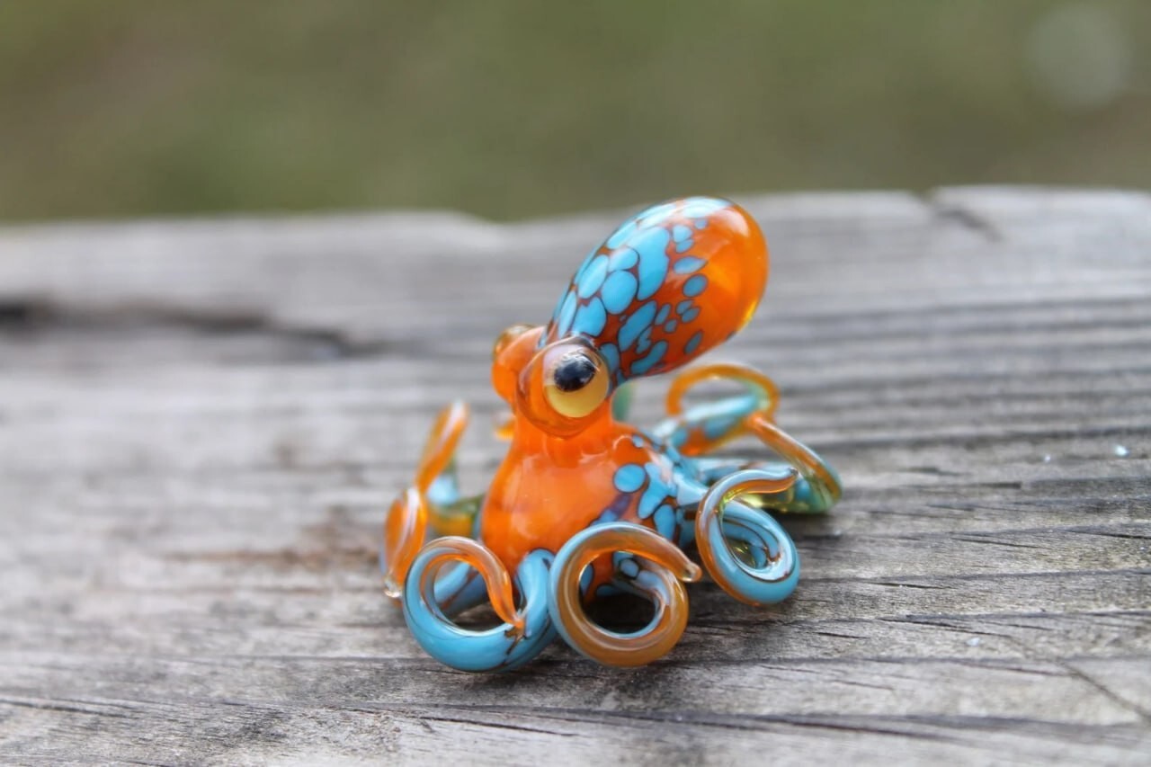 Blown Glass Orange and Blue Octopus glass figurine Octopus Glass