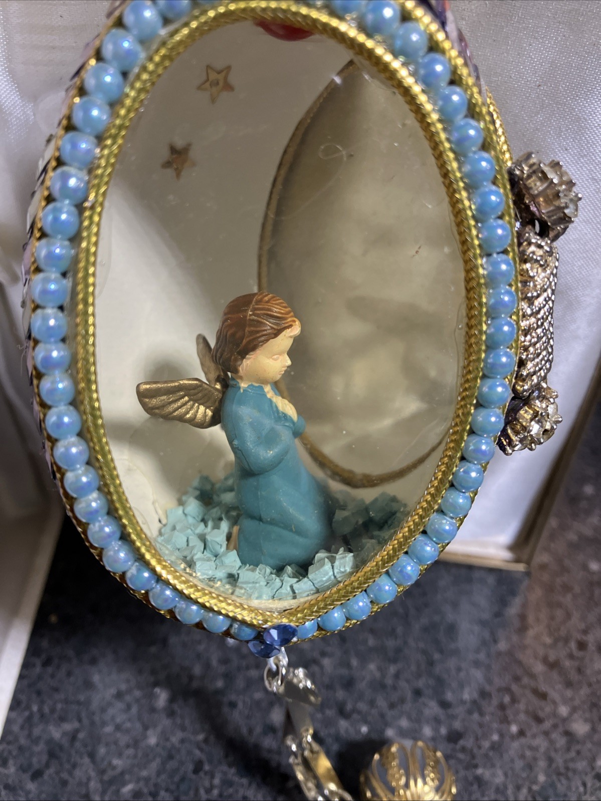Vintage Handcrafted Fabergé-Style  Egg Diorama Angel Ornament