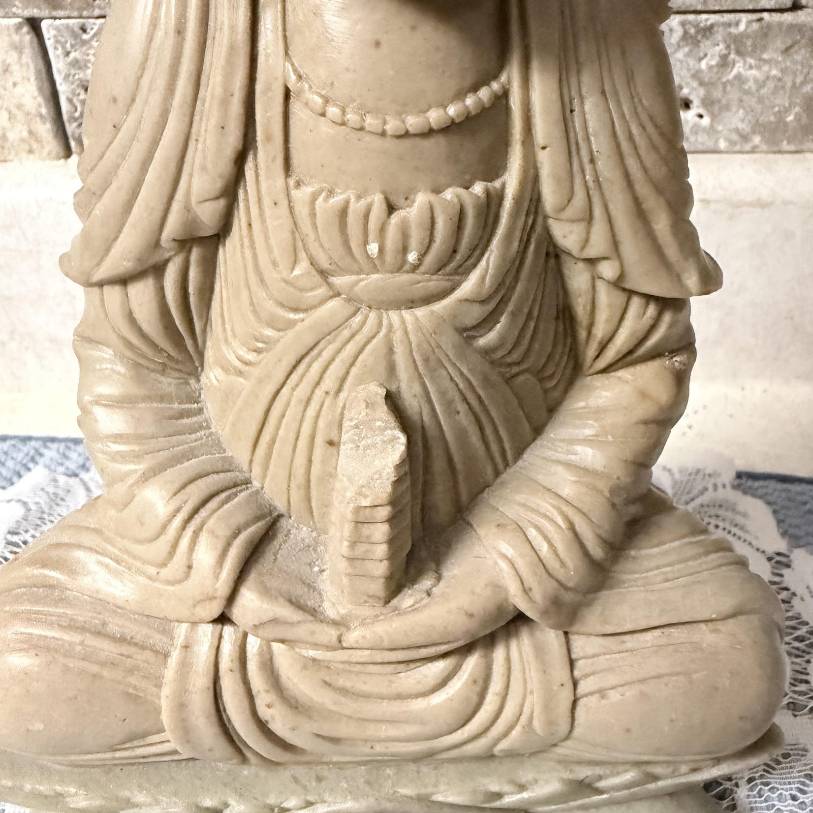 Hand Carved Soapstone Chinese Beige Stone Buddha Statue Lotus Base