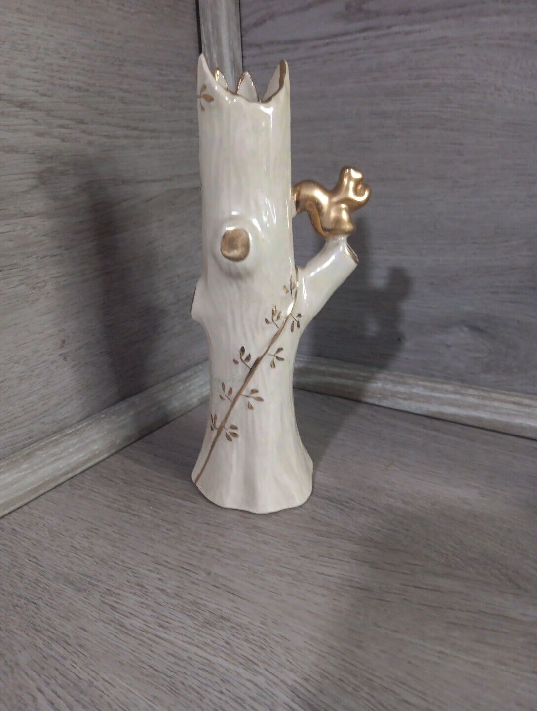 Vintage Iridescent Luster Ceramic Gold Trim Tree Trunk Vase with Squirrel