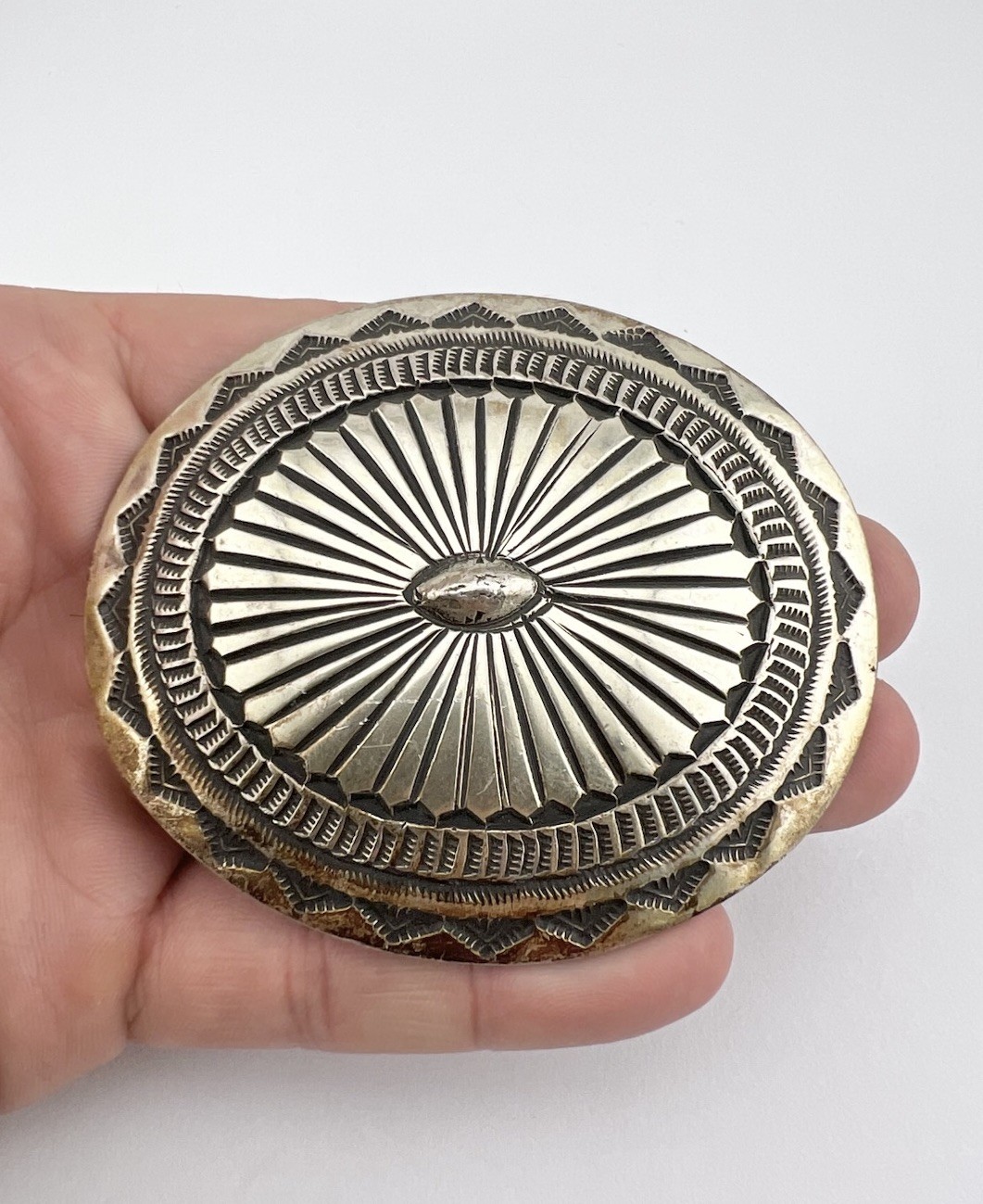 Vintage Maloney Navajo Sterling Silver Deep Stamped Belt Buckle 3 1/8\