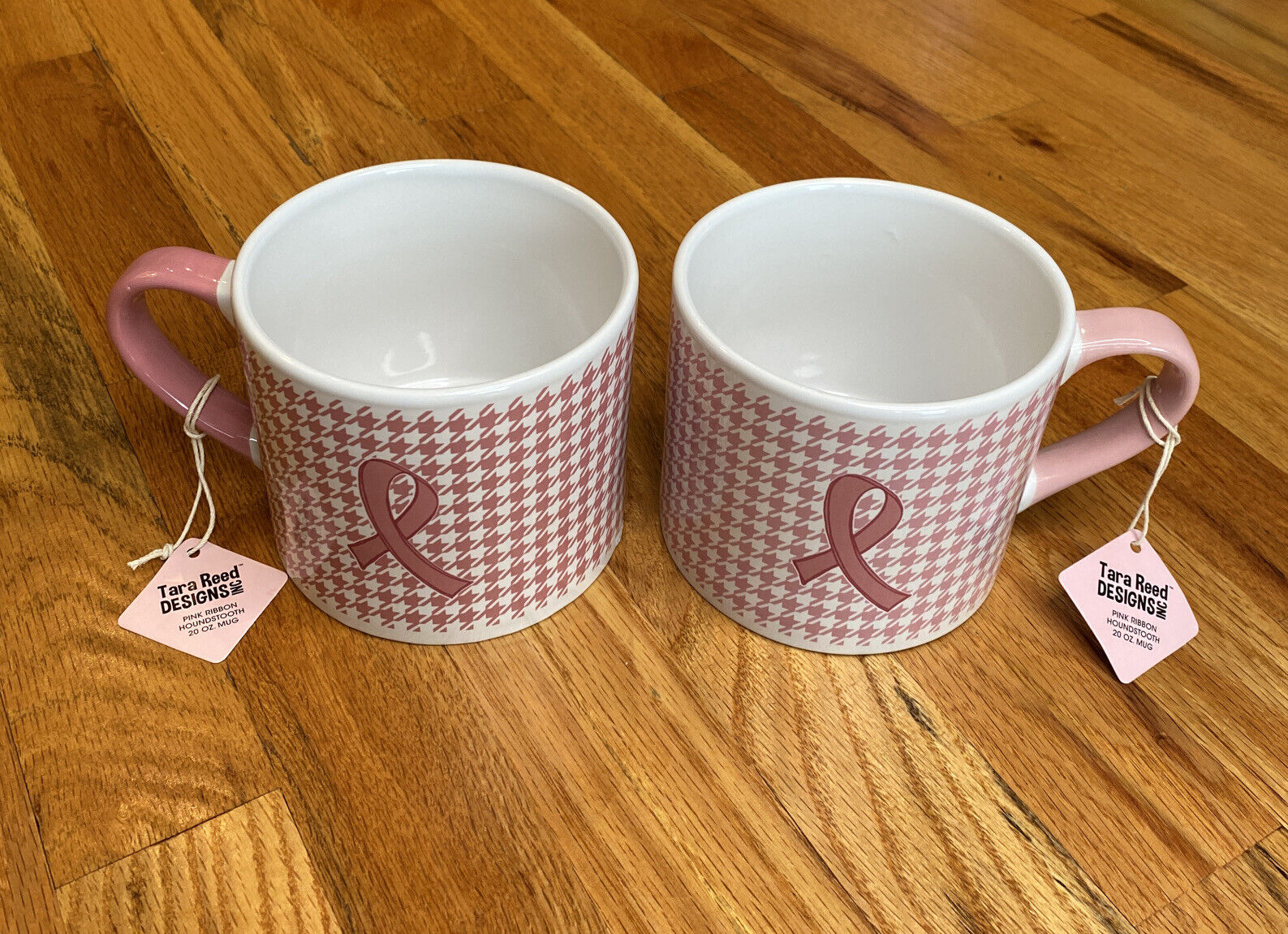 Tara Reed Pink Ribbon Houndstooth Coffee Mug LOT OF 2 Breast Cancer Awareness