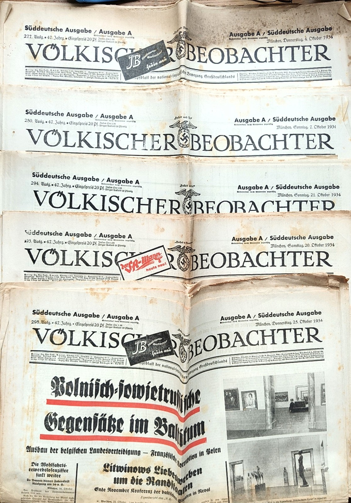 Lot of 5 vintage Völkischer Beobachter newspapers, 1934 German WWII era