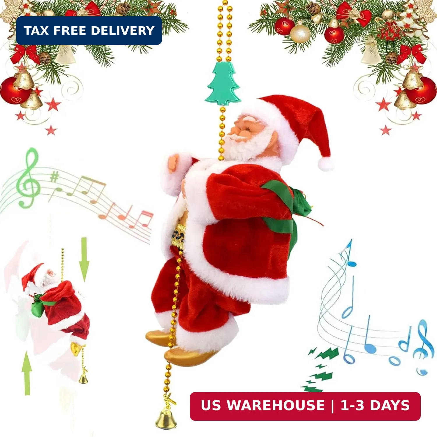 Climbing Santa on Rope, Battery‑Operated Musical Christmas Decoration