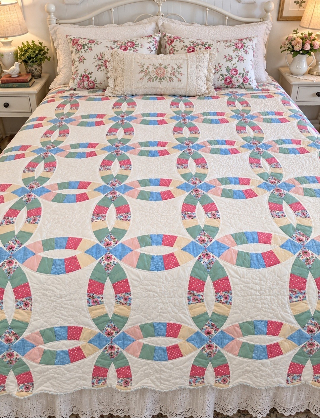Vintage Double Wedding Ring Quilt Approx. 79\