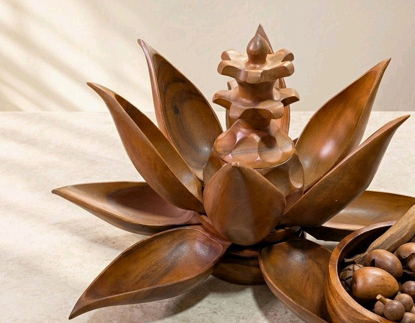 Vintage Mid century Wooden Lotus Flower Shaped Bowl plates serving ware 