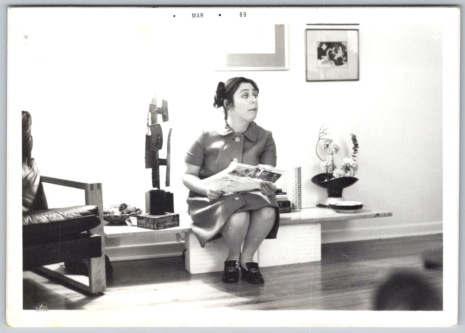 Vtg B&W Snapshot Woman Mid Century Modern Mcm Decor Reading Paper 1969