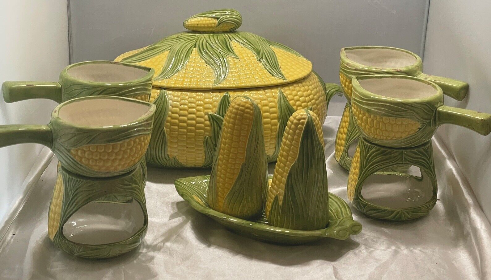 Ceramic Corn Cob Serving Set-Dish w/Lid Butter Dish Tea light Warmer Salt Pepper