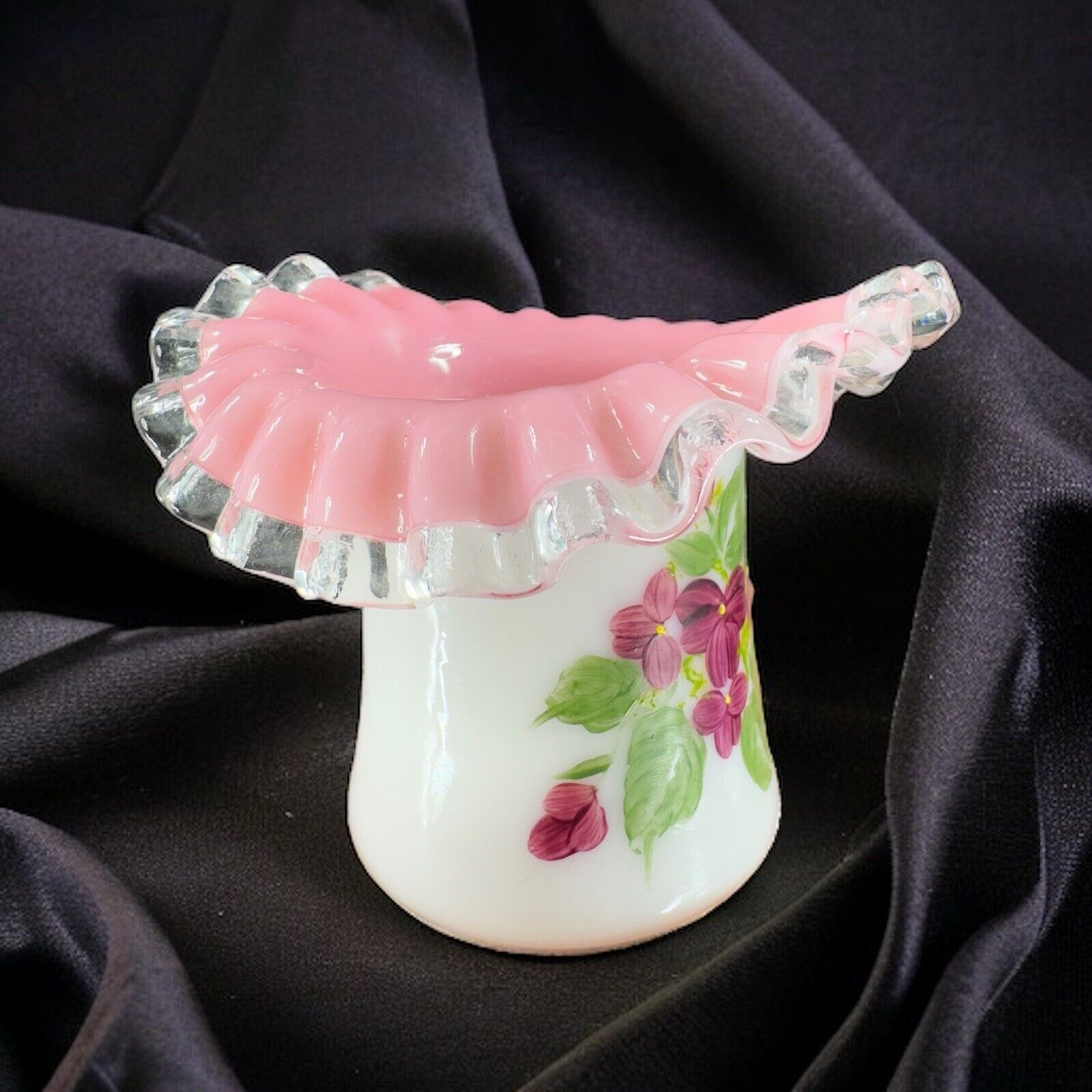 Vintage Fenton Wavy Edges Pink Hat Bowl Hand Painted Purple Flowers Glass Decor