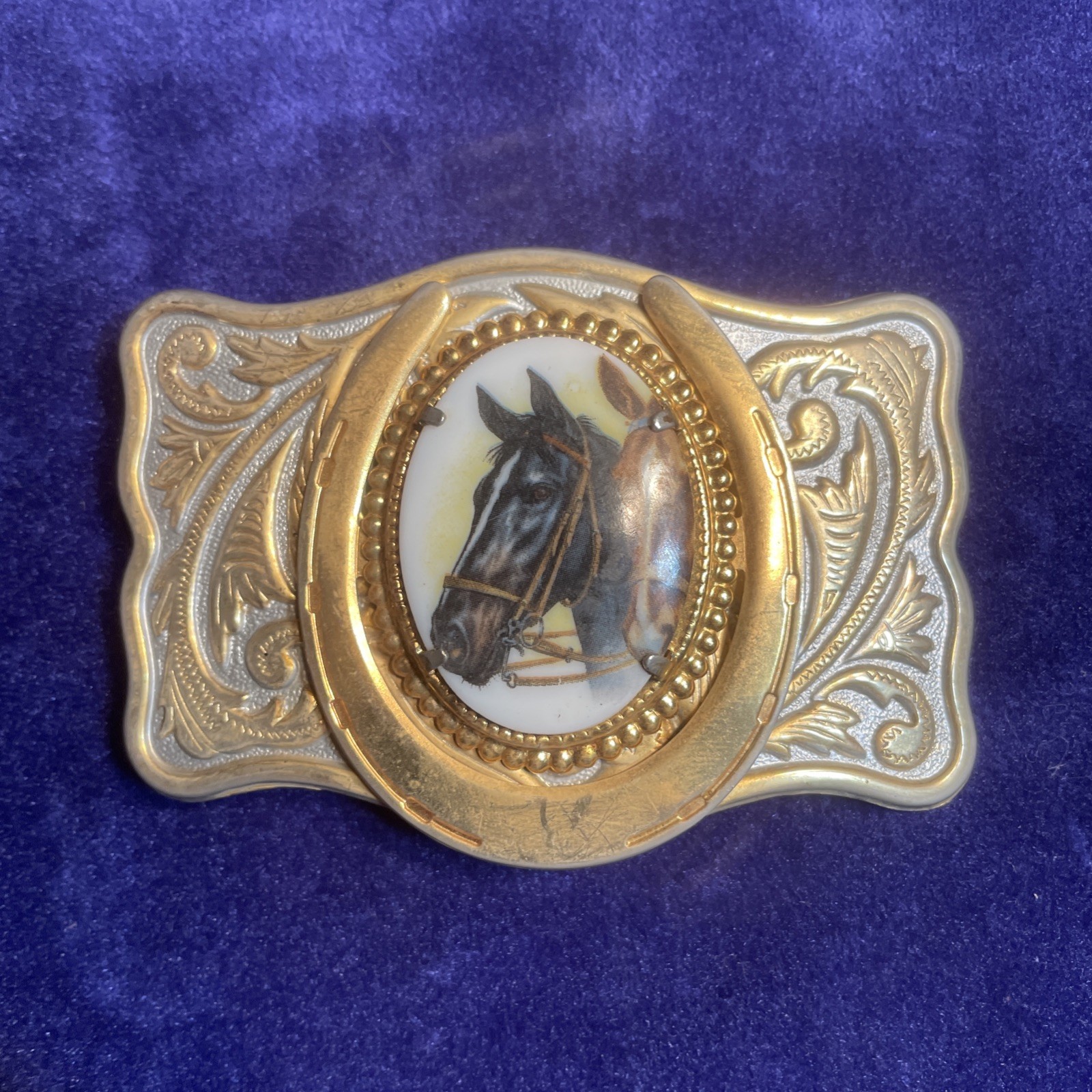 Vintage Brass w/ Porcelain inset Horse Equestrian Belt Buckle