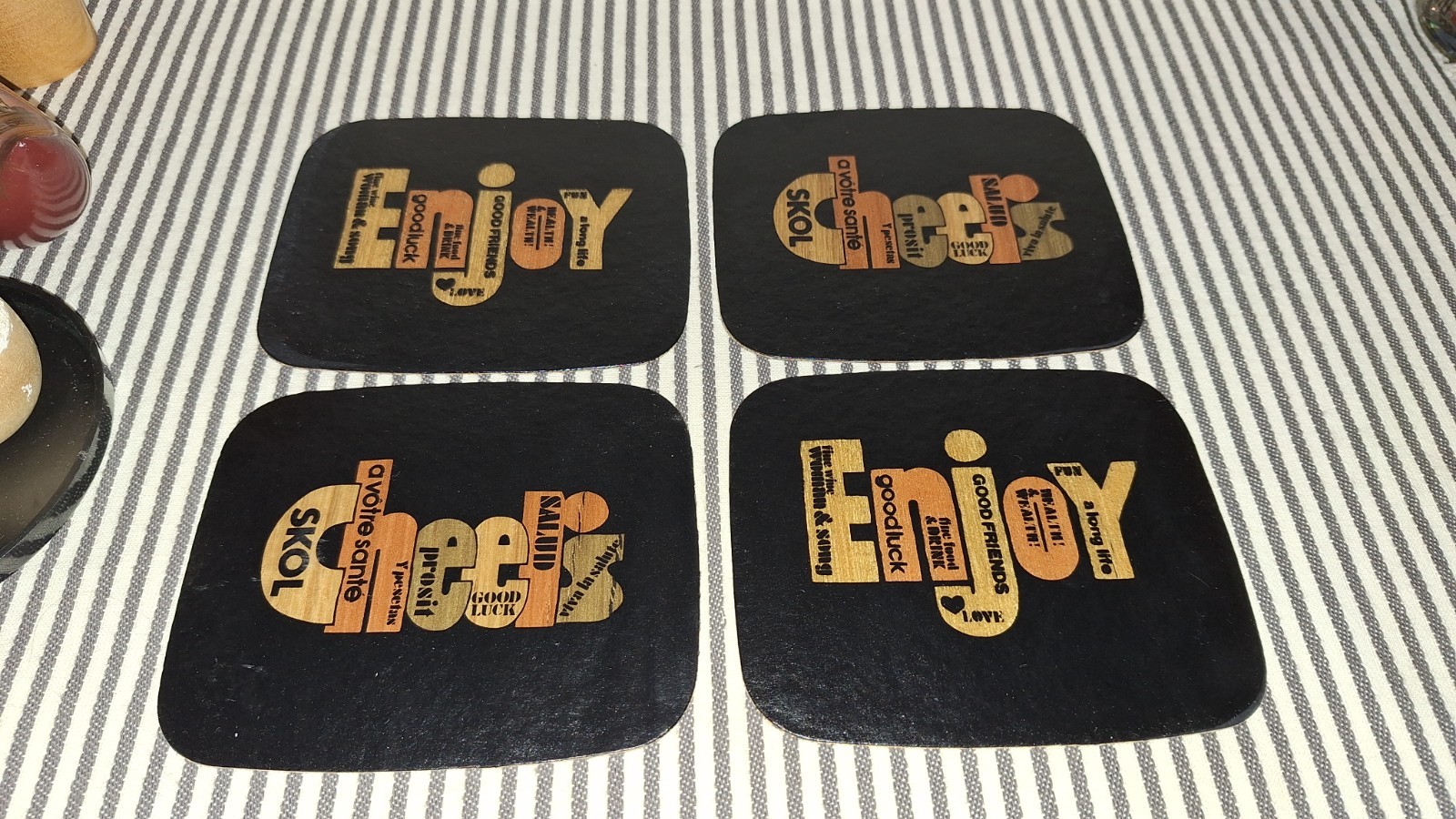 LOT OF 4 VTG MCM COUROC LEATHER Enjoy & Cheers 5x4 BARWARE BEVERAGE COASTER SET LOT OF 4 VTG MCM COUROC LEATHER Enjoy & Cheers 5x4 BARWARE BEVERAGE COASTER SET