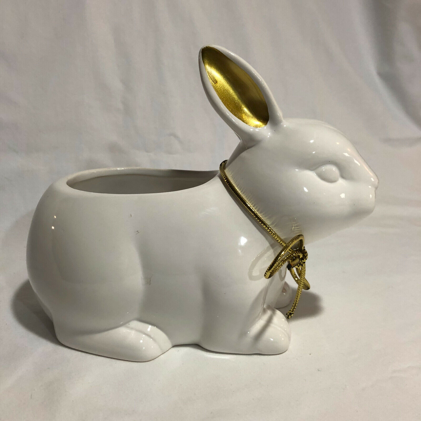 Maud Borup White Rabbit Ceramic Planter with Gold Ears Ready for EASTER