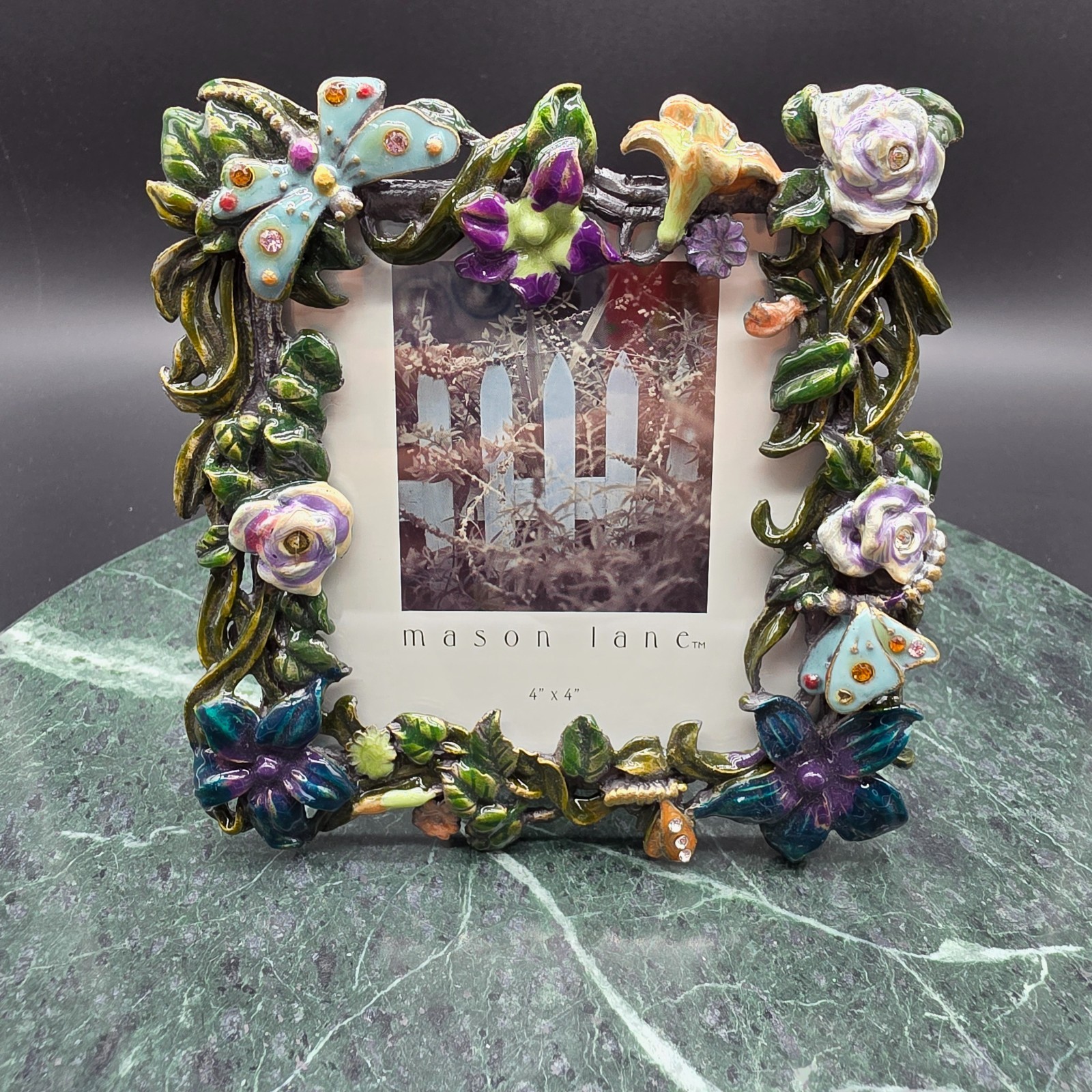 Mason Lane 4x4 Floral Butterfly Jeweled Enamel Photo Frame Rhinestone Flowers