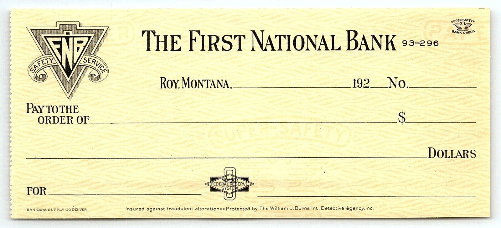 1920s ROY MONTANA  THE FIRST NATIONAL BANK  BLANK CHECK Z1584