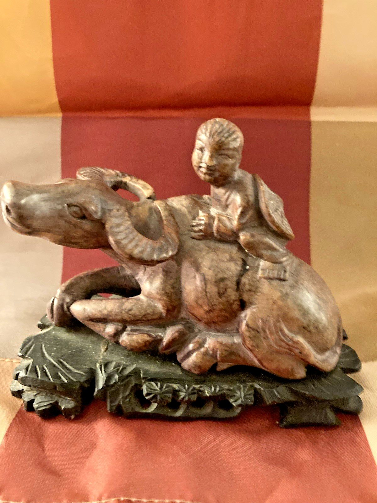 VINTAGE Carved Chinese Soapstone Boy On Water Buffalo, Musk Ox,  Excellent