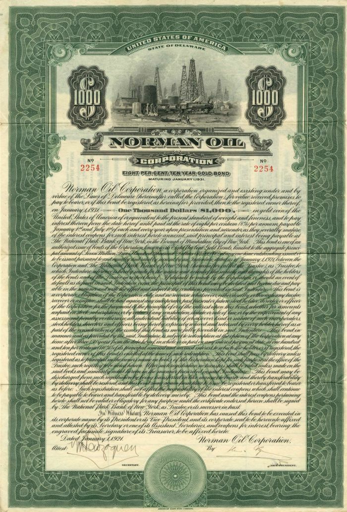 Norman Oil Corporation - $1,000 Bond - Oil Stocks and Bonds