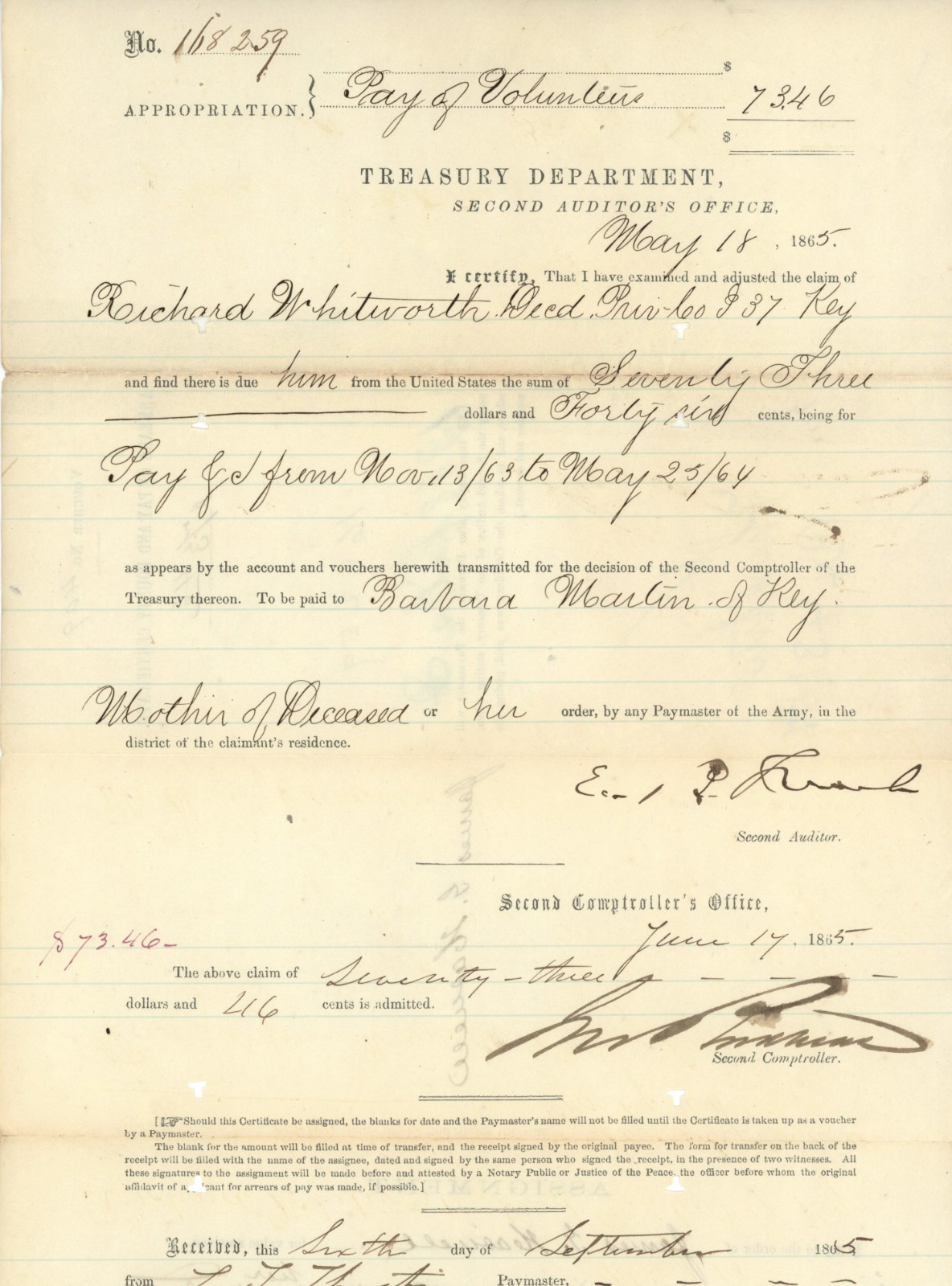 Civil War Treasury Department Document - 1865