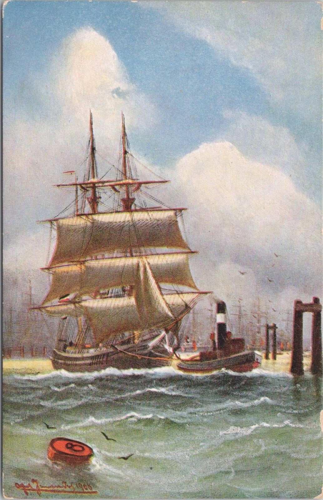 LITHO Steamship & Sailing Boat Europe 1906 Great American Novelty Art Series