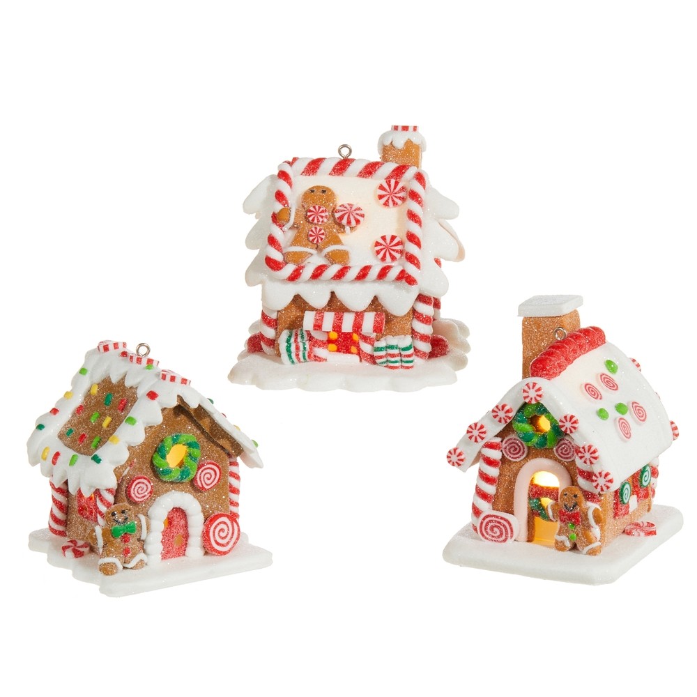 RAZ Imports Gingerbread House Ornament Set of 3 Lighted Clay Dough Christmas NEW