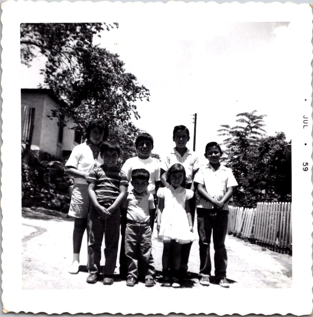 Seven Children Group Portrait Outdoors, 1959 Vintage Snapshot Photo