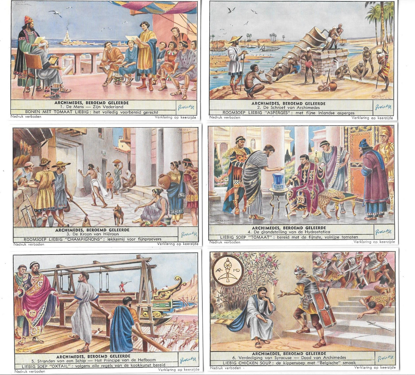 6x LIEBIG TRADE CARDS, ARCHIMEDES, BEROEMD GELEERDE 1953 416 In Mint Condition.