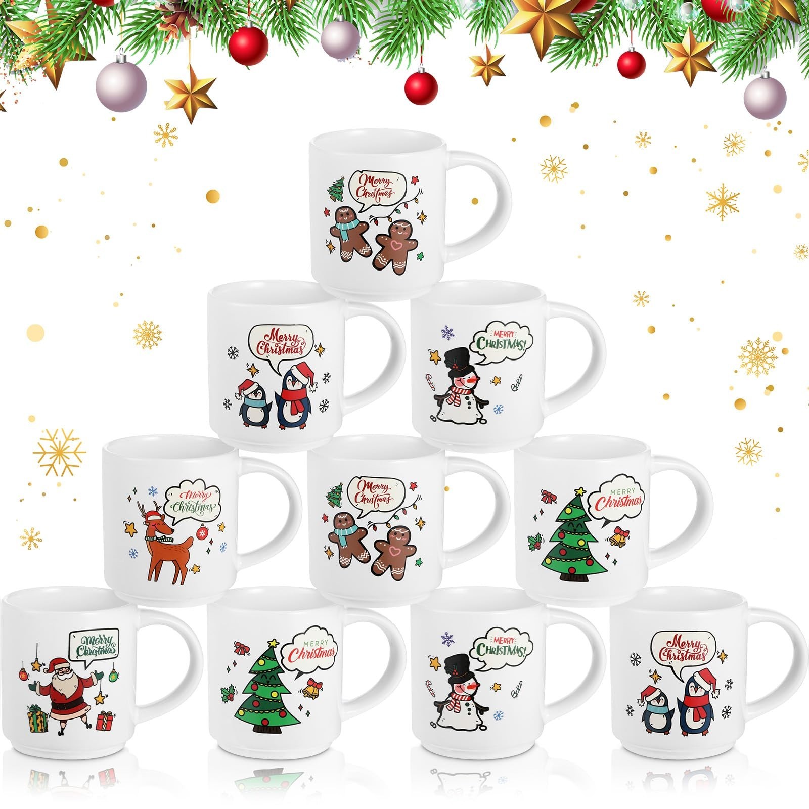Yungyan 10 Pcs Ceramic Christmas Mug 9 oz Christmas Coffee Mugs Snow Scene Re...