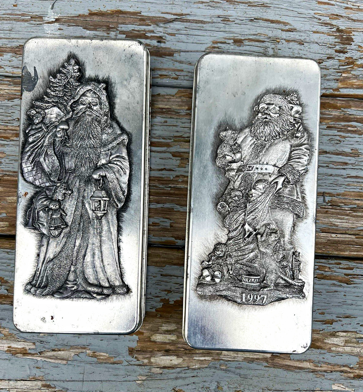 Vintage 1997 Metzke Pewter Santa Claus Trinket Boxes Pair Christmas Decor Vintage 1997 Metzke Pewter Santa Claus Trinket Boxes Pair Christmas Decor