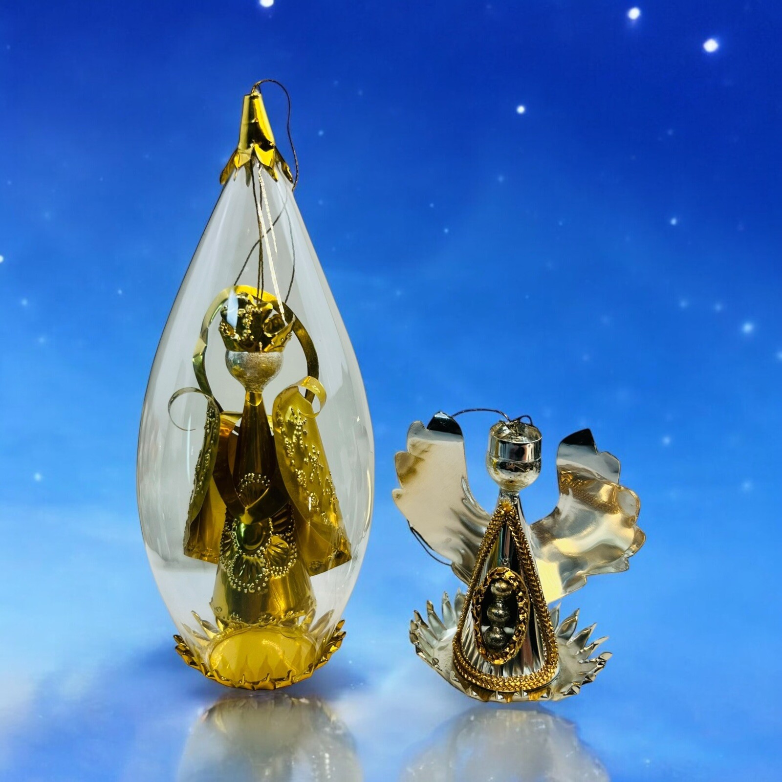 West German Resl Lenz Ornament Gold Angel Tear Drop Shape Glass Globe Vtg READ