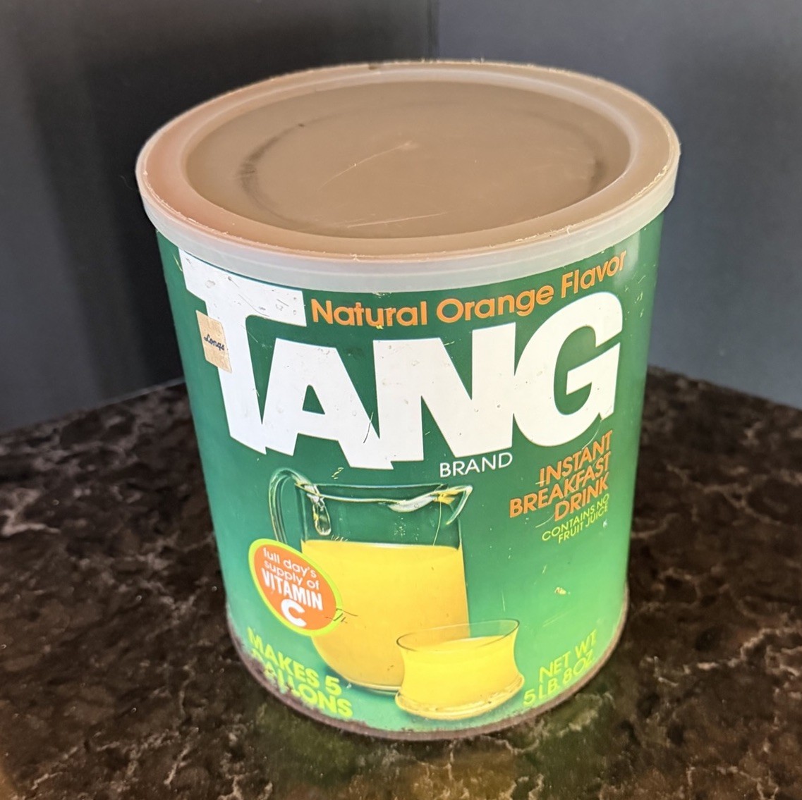 Vintage 1980's TANG INSTANT BREAKFAST DRINK 5 lb. Tin Can w/ Lid - Empty Vintage 1980's TANG INSTANT BREAKFAST DRINK 5 lb. Tin Can w/ Lid - Empty