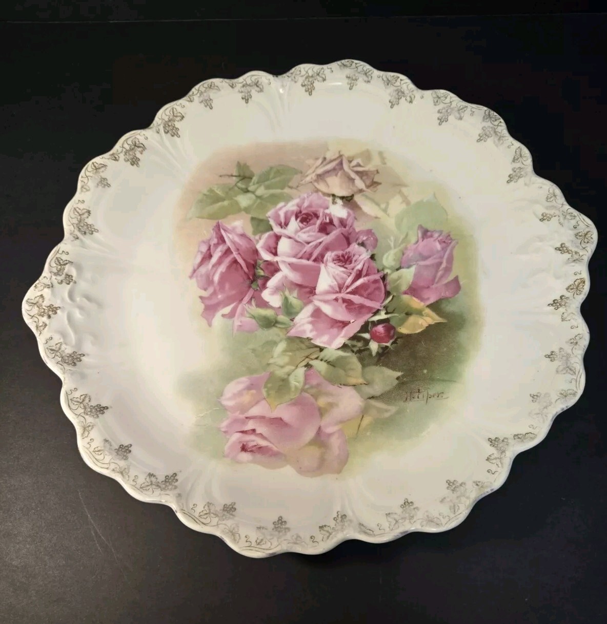 Antique Z.S. & Co. Bavaria Pink Roses  Scalloped Edges 12.75