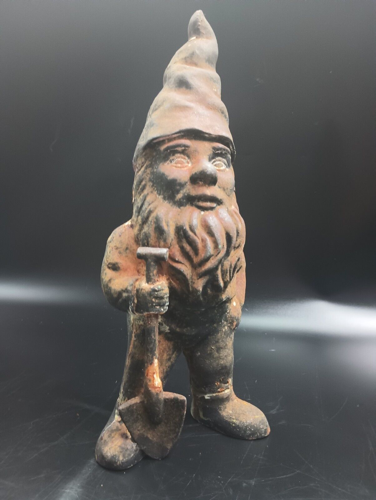 Vintage Cast Iron Garden Gnome Holding Shovel 13