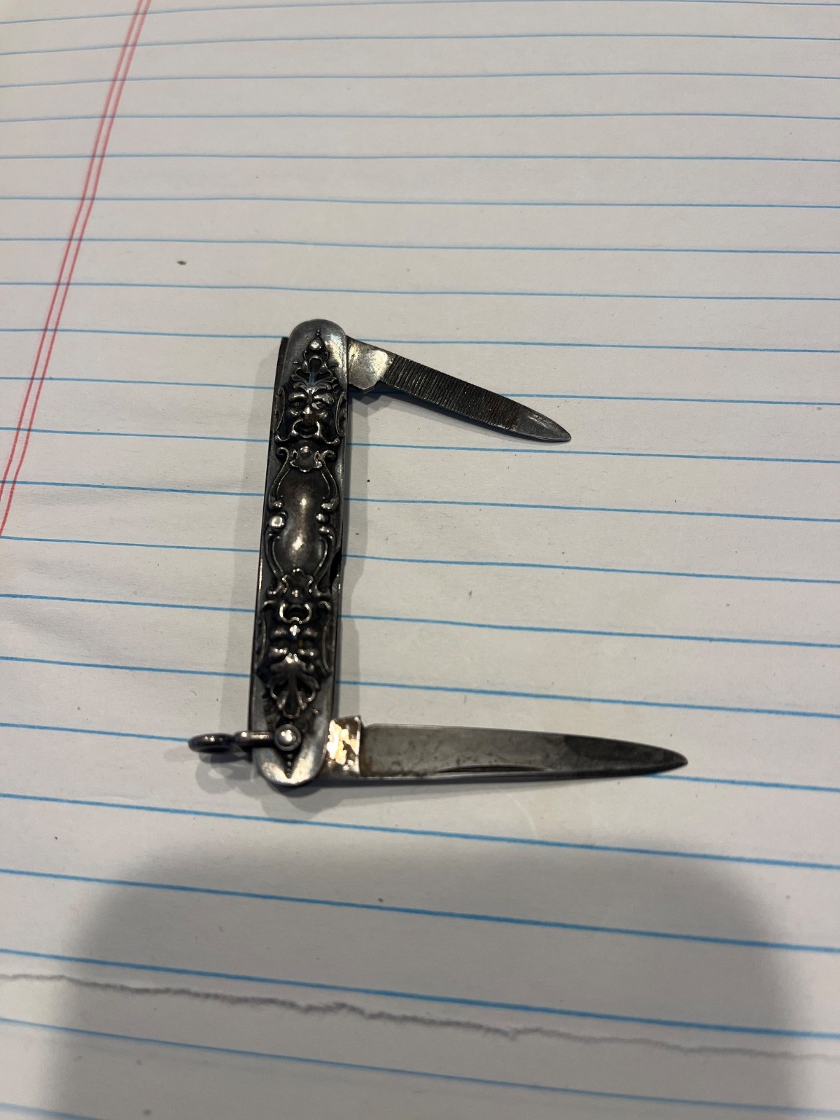 Vintage Antique Sterling Silver Pen Folding Pocket Knife gargoyle faces on it