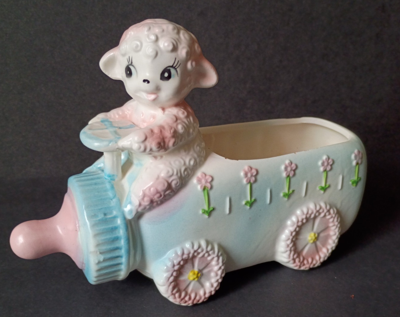 Vintage Inarco Kitschy MCM Anthropomorphic Lamb Drive Baby Planter Bottle Japan