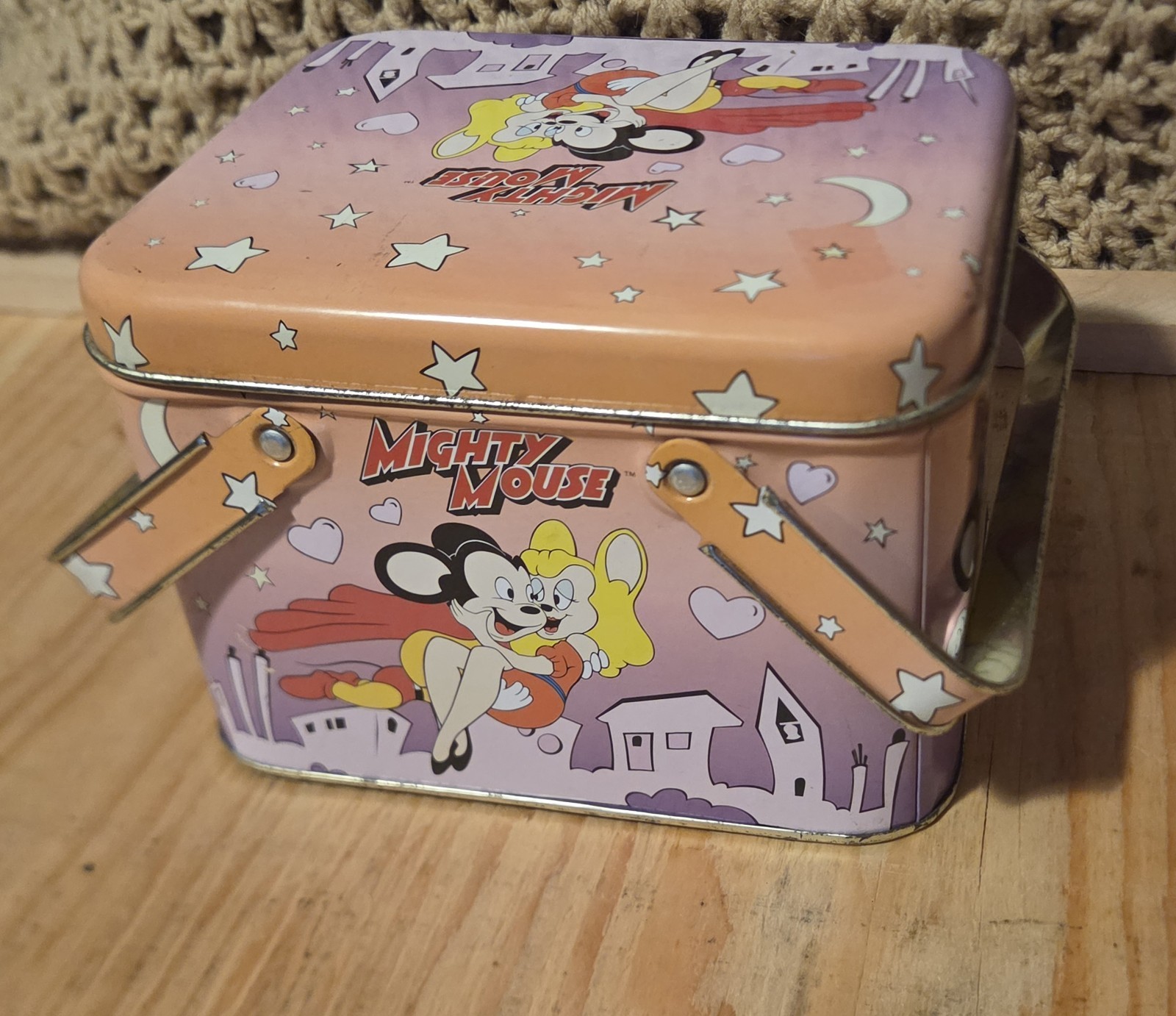 Vintage 2000 Mighty Mouse Metal Lunch Box Tin Pink Purple Cartoon Collectible