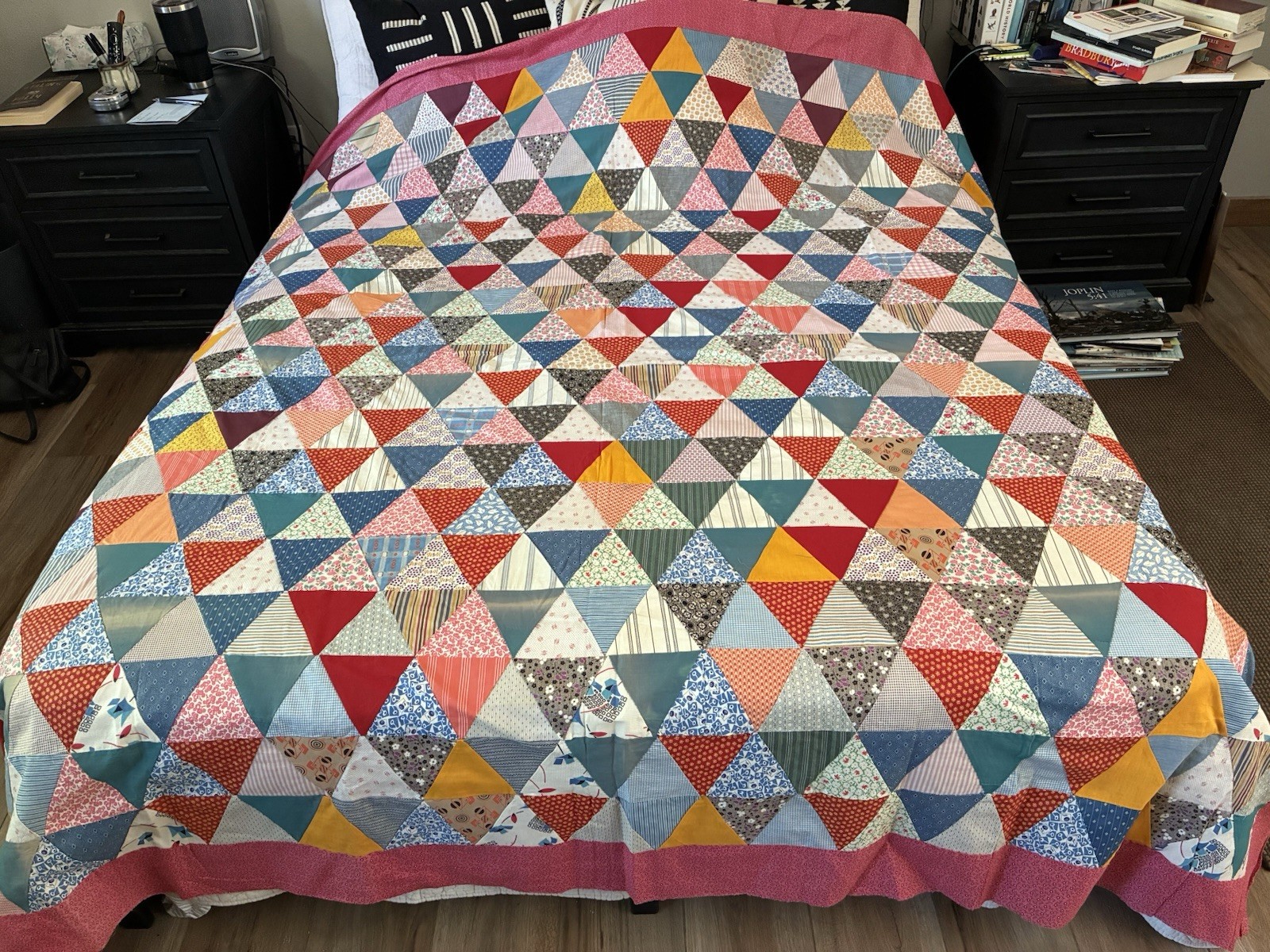 Vintage DIAMOND Patchwork QUILT TOP Calico Feedsack Prints HOMEMADE Cottage Core