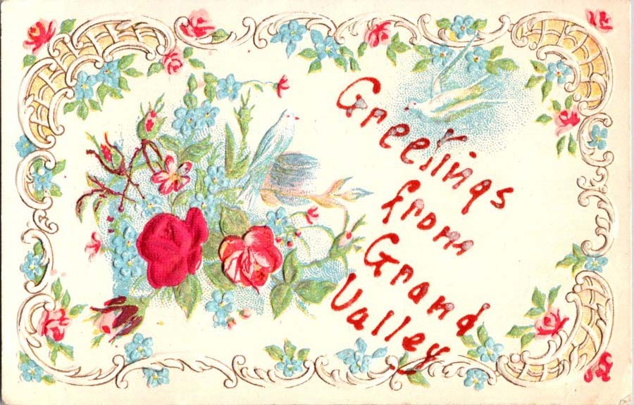 Grand Valley PA postcard FLORAL GREETINGS EMBOSSED DOVES & ROSES o/17 AW4118