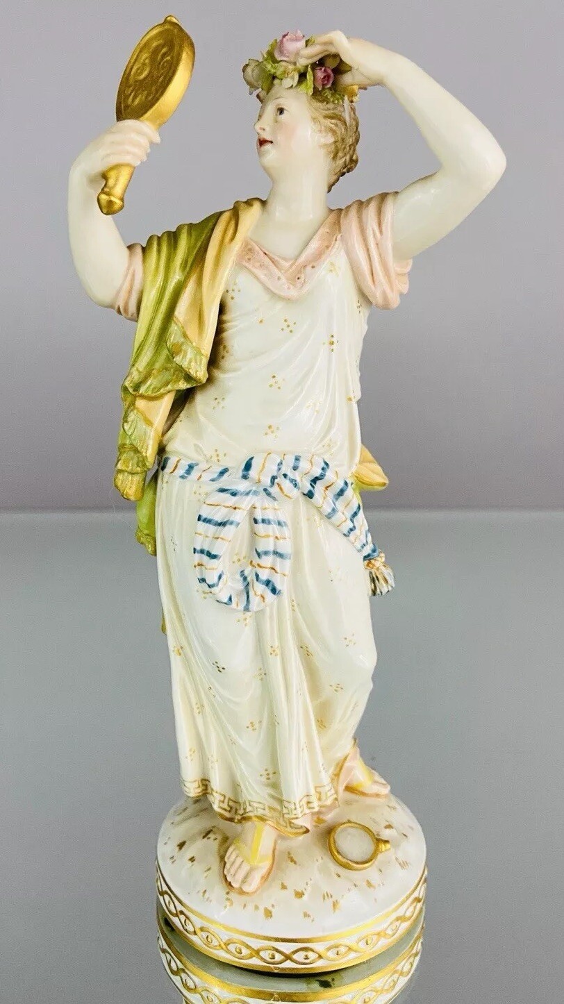 19th C Kpm Berlin Figurine Of Lady Holding A Mirror, Stunning Details 1st QLTY 