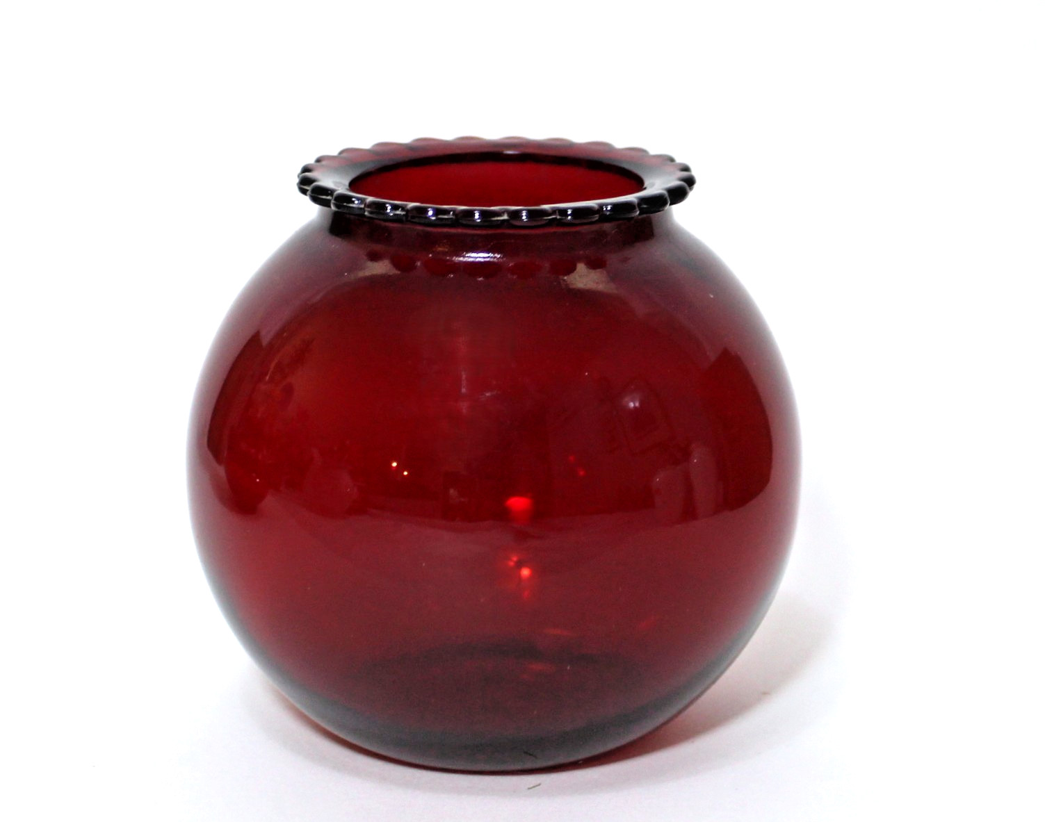 Vintage Anchor Hocking Royal Ruby Red Glass Vase Ball Shape with Scalloped Rim