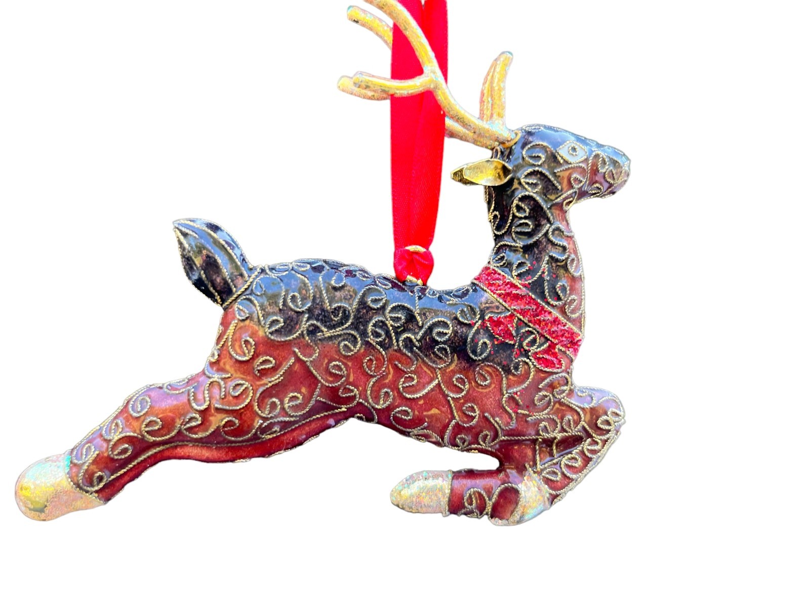 Cloisonne Leaping Deer Christmas Ornament Vintage