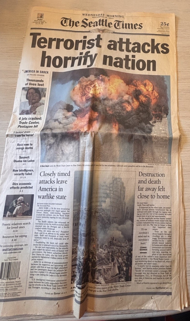 September 12, 2001 Seattle Times Newspaper 9/11 Twin Towers Terrorist Attack